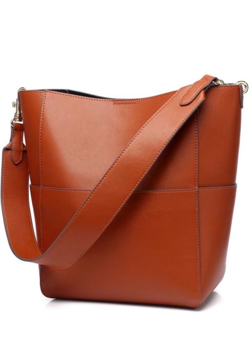 Brown Leather Bucket Bag with thick shoulder strap